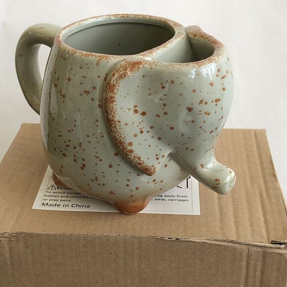 Pottery Elephant Mug With Tea Bag Holder Neutral Gray Brown Speckled Animal - Picture 9 of 9
